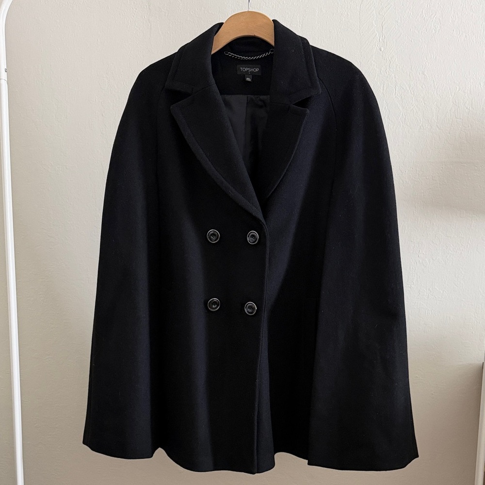 Topshop Black Double-Breasted Wool Cape- Never worn, like new condition
